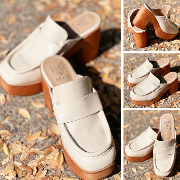 NEW Penny Loafer Wooden Platform Heel Clog Mules Shoes Chunky Off White Bone - Picture 14 of 16